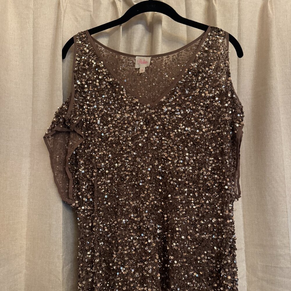 Parker Cold Shoulder Sequin Chiffon V-Neck 100% Silk Brown Top Size S Glam Party